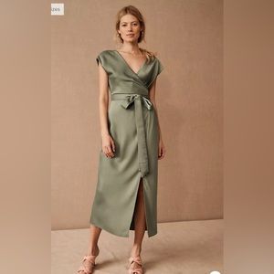 BHLDN Louisa satin moss green wrap midi dress
